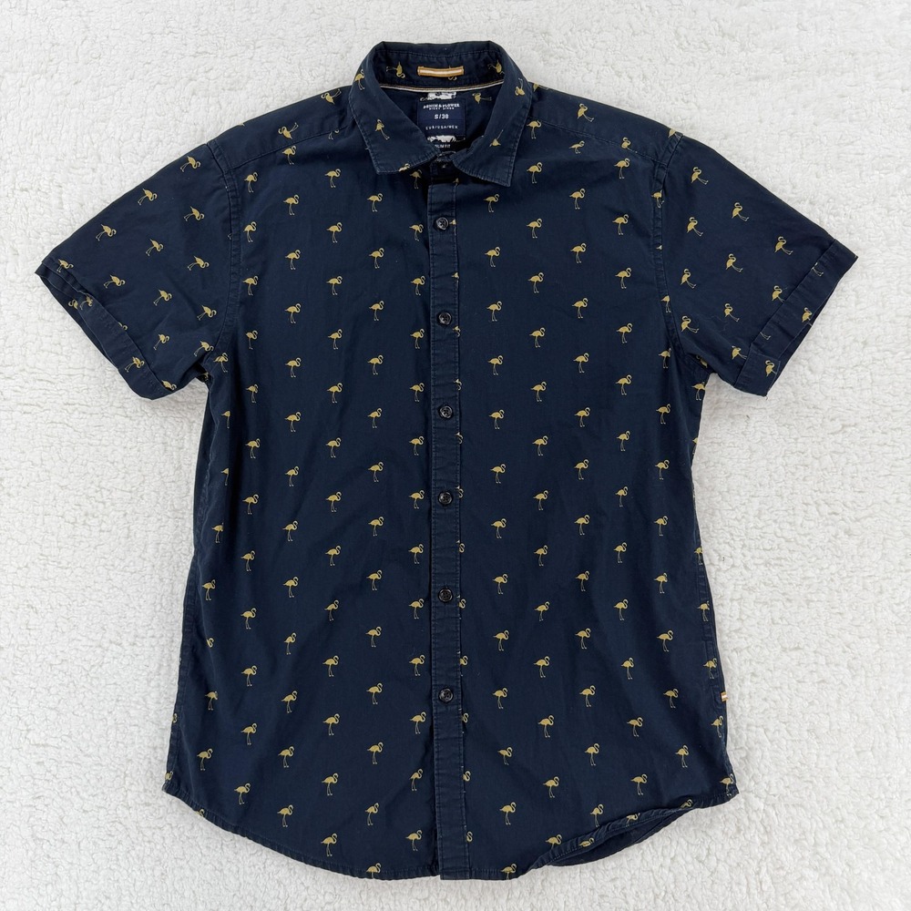 Denim & Flower Shirt Mens Small Navy Flamingo Print Short Sleeve Slim Fit Casual